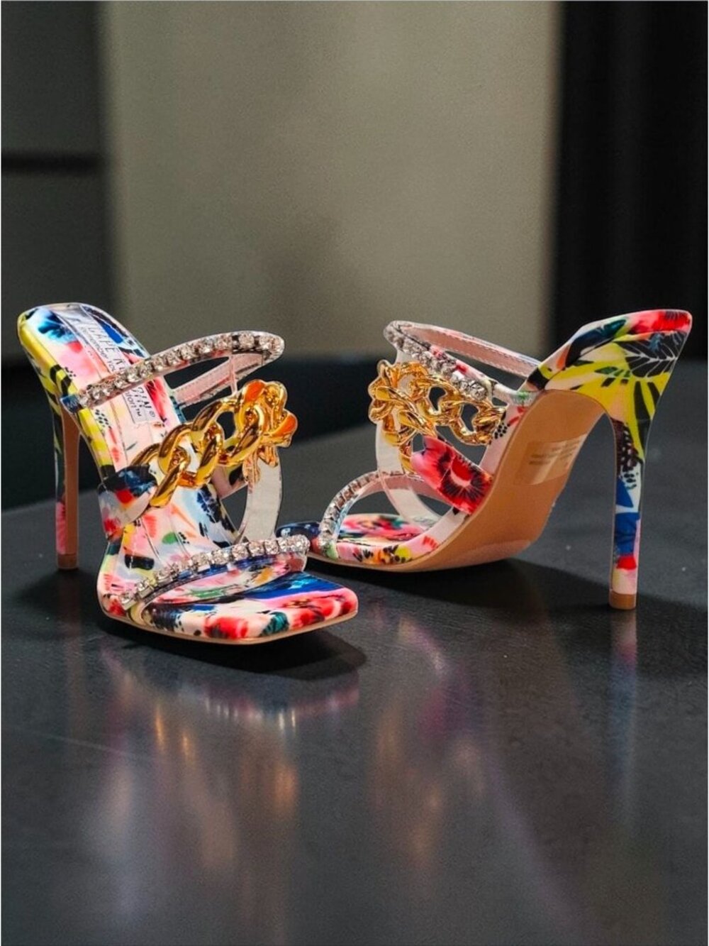 Floral Open-Toe High Heels With Rhinestone & Gold Chain Straps Multicolor Womens - Picture 9 of 14